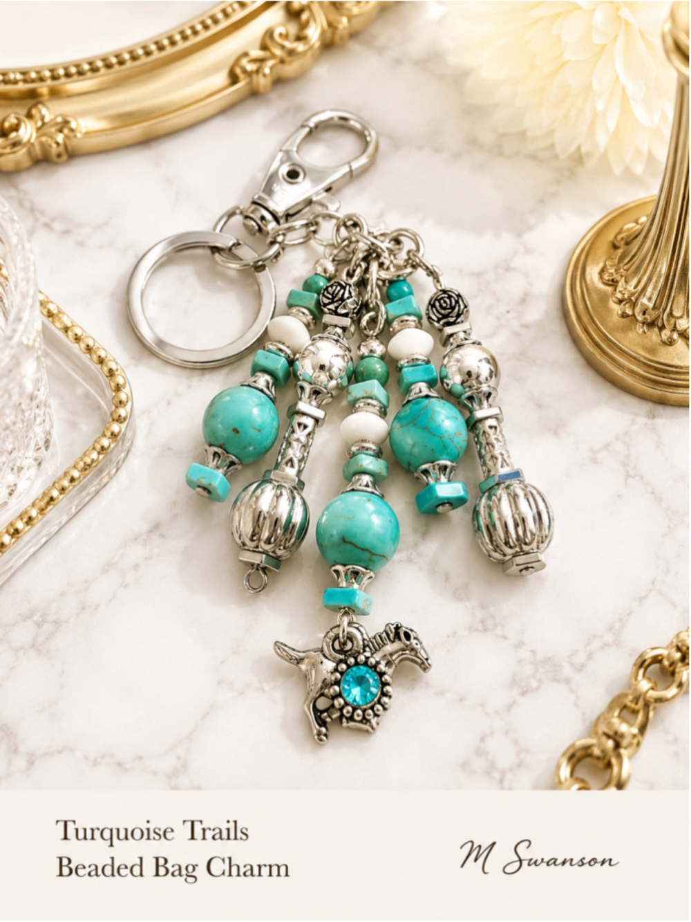 NEW Turquoise Trails Bag Charm Keychain Handmade Crystal Beaded Unique (#41)